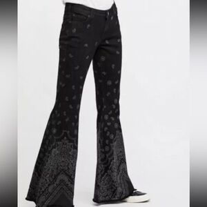 Free People Black Bandana Paisley Western Rodeo Flare Bell Bottom Jeans Size 27